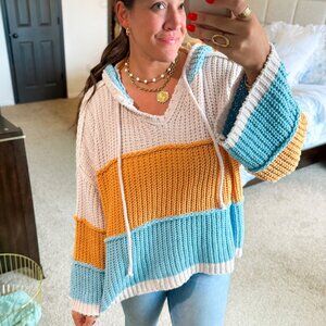 Color Block Knit Hoodie Sweater Blue Mustard White Women’s M